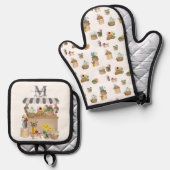 水彩ファーマーズマーケットフローラカートモノグラム 鍋つかみ&鍋敷きセット (正面/裏面)
