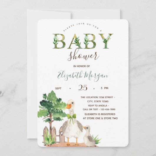 水彩ファームアニマルズガチョウ赤ちゃんシャワー 招待状 (正面)