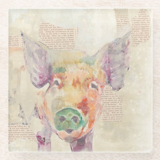 水彩ファームコラージュピッグ ガラスコースター (正面)