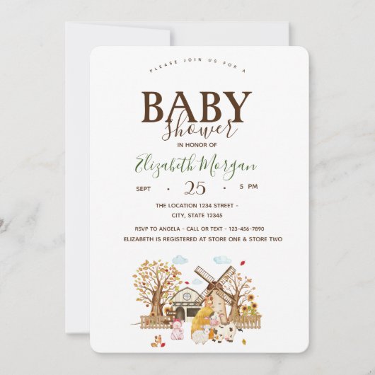 水彩ファーム動物のストール赤ちゃんシャワー 招待状 (正面)