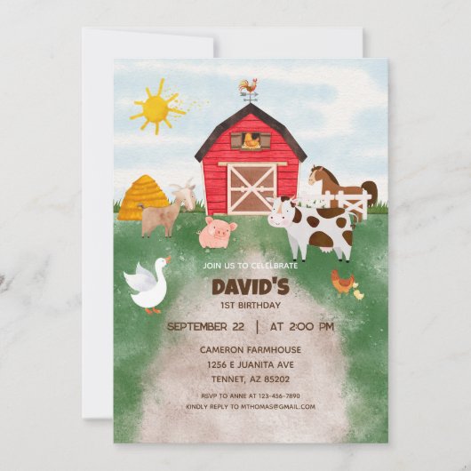 水彩ファーム動物の誕生日 招待状 (正面)