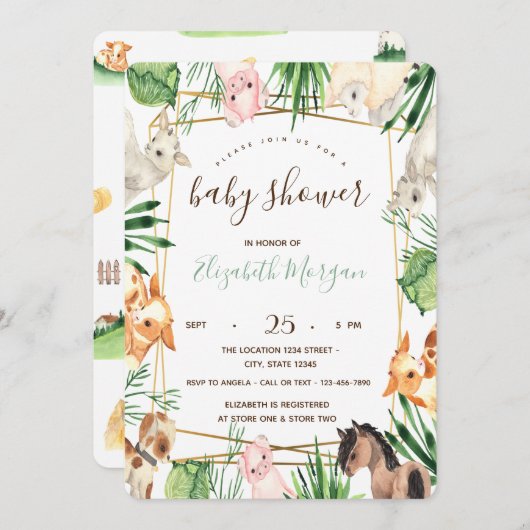 水彩ファーム動物の赤ちゃんシャワー 招待状 (正面/裏面)