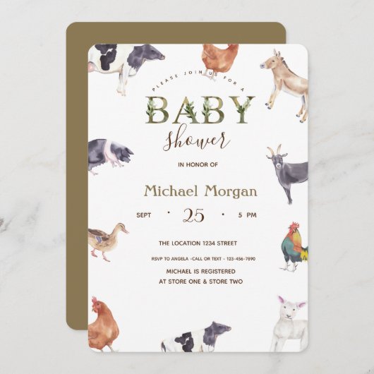水彩ファーム動物の赤ちゃんシャワー 招待状 (正面/裏面)