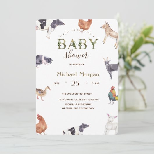 水彩ファーム動物の赤ちゃんシャワー 招待状 (スタンド正面)