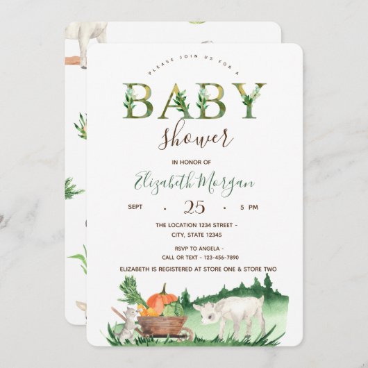水彩ファーム動物ヒツジ猫ベビーシャワー 招待状 (正面/裏面)