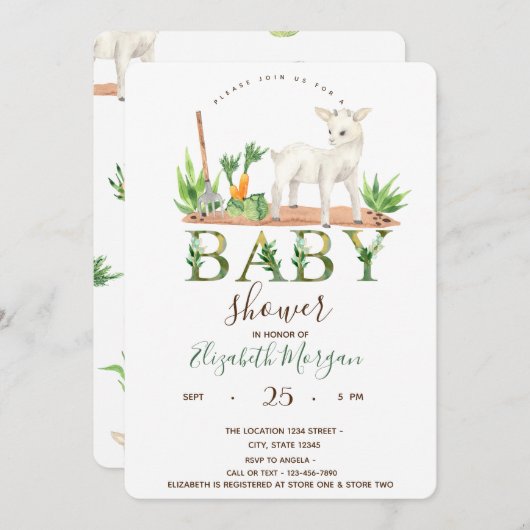 水彩ファーム動物ヒツジ赤ちゃんシャワー 招待状 (正面/裏面)