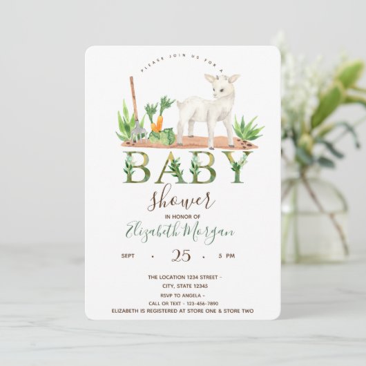 水彩ファーム動物ヒツジ赤ちゃんシャワー 招待状 (スタンド正面)