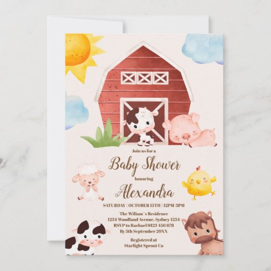 水彩ファーム動物ベビーシャワー招待状 招待状 (正面)