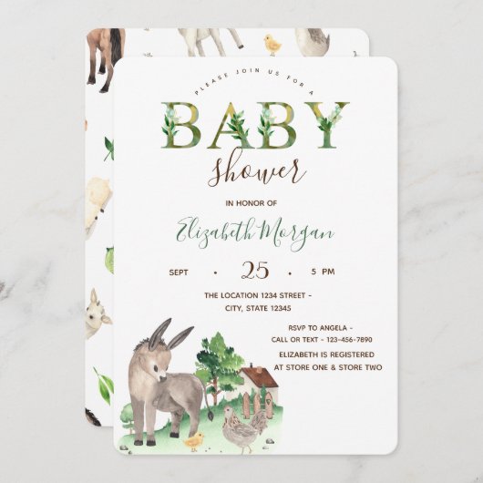 水彩ファーム動物ロバ赤ちゃんシャワー 招待状 (正面/裏面)