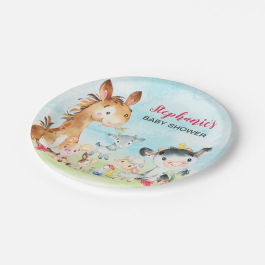 水彩ファーム動物女の子ベビーシャワー ペーパープレート (アングル)