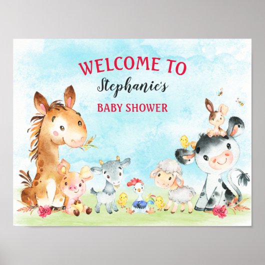 水彩ファーム動物女の子ベビーシャワー ポスター (正面)