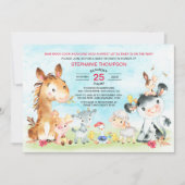 水彩ファーム動物女の子ベビーシャワー 招待状 (正面)