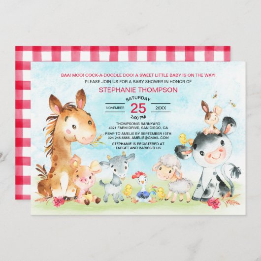 水彩ファーム動物女の子ベビーシャワー 招待状 (正面/裏面)