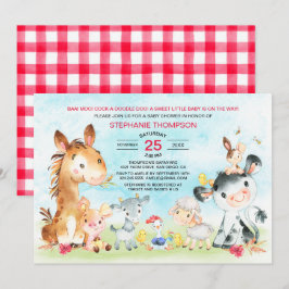 水彩ファーム動物女の子ベビーシャワー 招待状