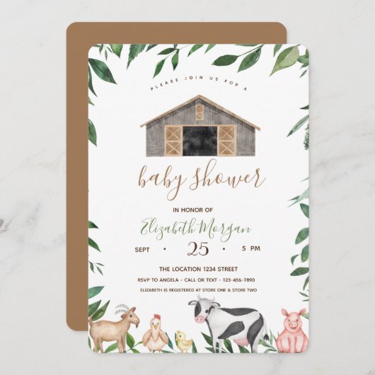 水彩ファーム動物安定ベビーシャワー 招待状 (正面/裏面)