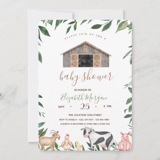 水彩ファーム動物安定ベビーシャワー 招待状 (正面)