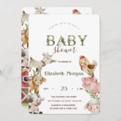 水彩ファーム動物安定ベビーシャワー 招待状 (正面/裏面)