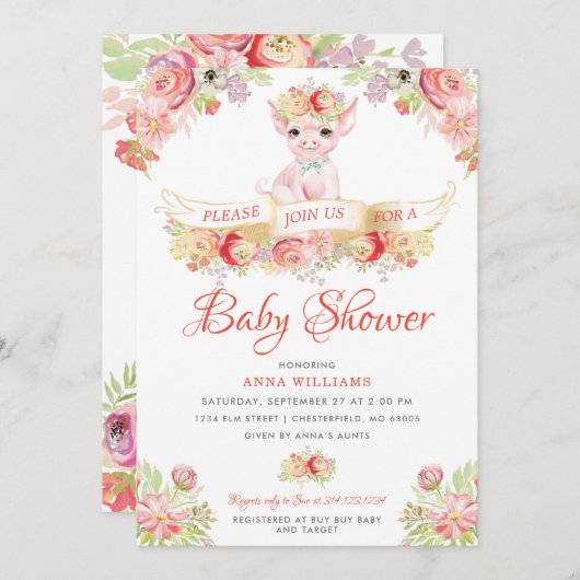 水彩ファーム豚の赤ちゃんシャワー 招待状 (正面/裏面)