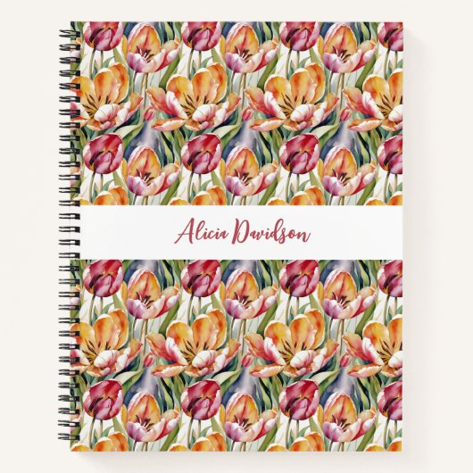 水彩フィールド赤い黄色のチューリップ | お名前 ノートブック (正面)