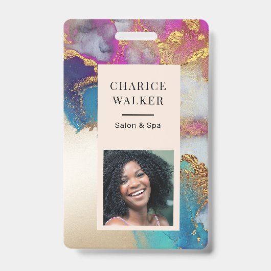 水彩フェイク金ゴールド箔サロン写真名 バッジ (正面)