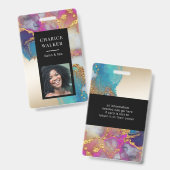 水彩フェイク金ゴールド箔サロン写真名 バッジ (正面&裏面)