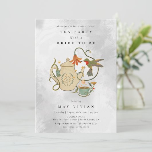 水彩フェコアフローラ茶パーティーブライダルシャワー 招待状 (スタンド正面)