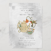 水彩フェコアフローラ茶パーティーブライダルシャワー 招待状 (正面/裏面)