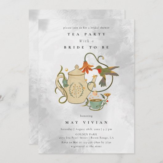 水彩フェコアフローラ茶パーティーブライダルシャワー 招待状 (正面/裏面)