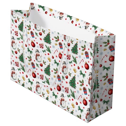 水彩フェスティバルとカラフルクリスマスパターン ラージペーパーバッグ (正面アングル)