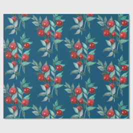 水彩フェスティバルクリスマスレッドベリーダークブルー ラッピングペーパー