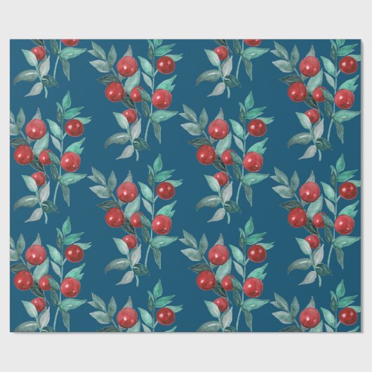 水彩フェスティバルクリスマスレッドベリーダークブルー ラッピングペーパー (フラット)
