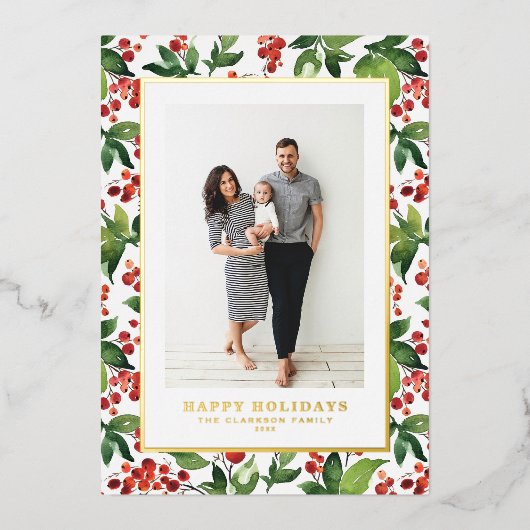 水彩フェスティバルグリーンリーとウィンターベリーの写真 箔シーズンカード (正面)