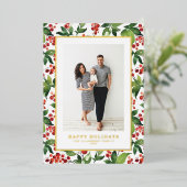 水彩フェスティバルグリーンリーとウィンターベリーの写真 箔シーズンカード (立ち正面)