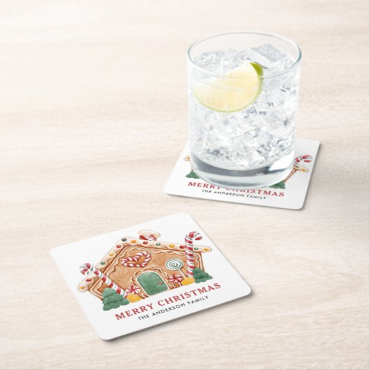 水彩フェスティバルジンジャーブレッドハウスクリスマス スクエアペーパーコースター (インサイチュ)