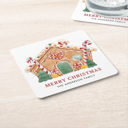 水彩フェスティバルジンジャーブレッドハウスクリスマス スクエアペーパーコースター (アングル)