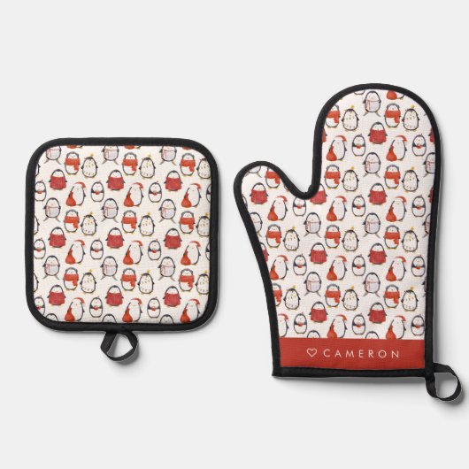 水彩フェスティバルペンギンパターンクリスマス 鍋つかみ&鍋敷きセット (正面)