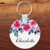 水彩フェミニンピンクのバラパーソナライズされた キーホルダー (正面)