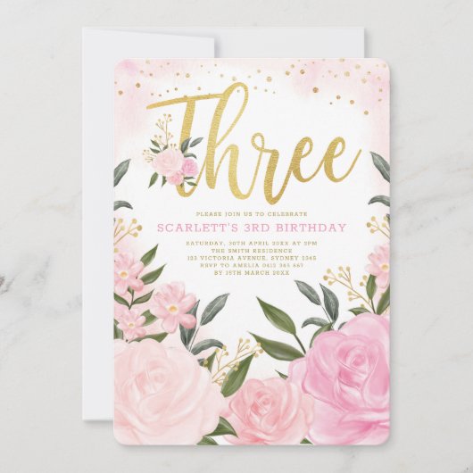 水彩フェミニン赤面ピンクフローラ3歳誕生日 招待状 (正面)