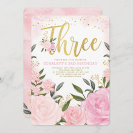 水彩フェミニン赤面ピンクフローラ3歳誕生日 招待状