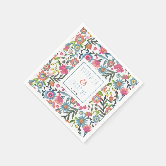 水彩フォークフローラパーソナライズされた名 スタンダードカクテルナプキン (角)