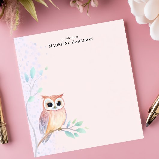 水彩フクロウの枝パーソナライズされた名 ノートパッド