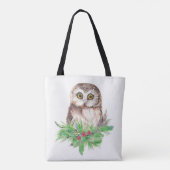 水彩フクロウバードクリスマス自然アート トートバッグ (裏面)