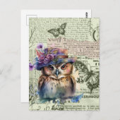 水彩フクロウヴィンテージ紙コラージポストカード ポストカード (正面/裏面)