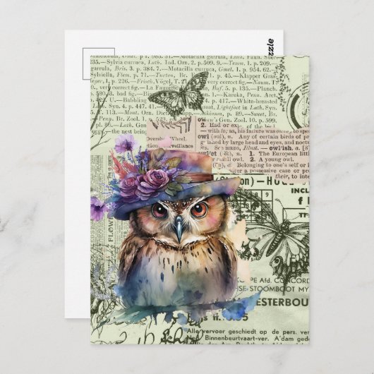 水彩フクロウヴィンテージ紙コラージポストカード ポストカード (正面/裏面)