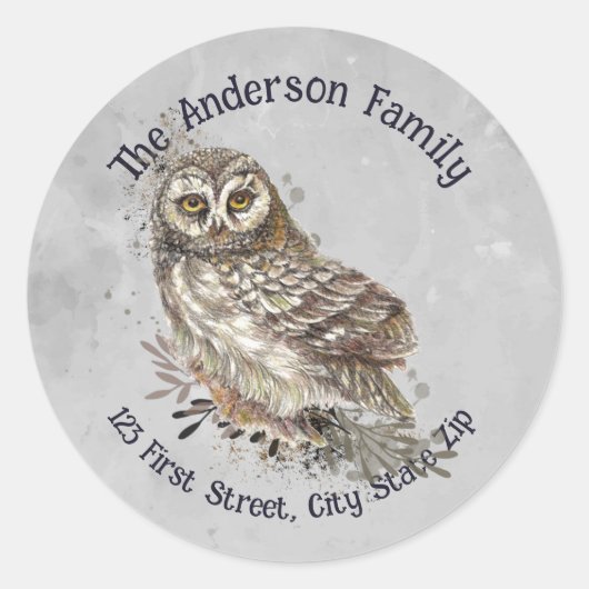水彩フクロウ鳥獣自然動物 ラウンドシール (正面)