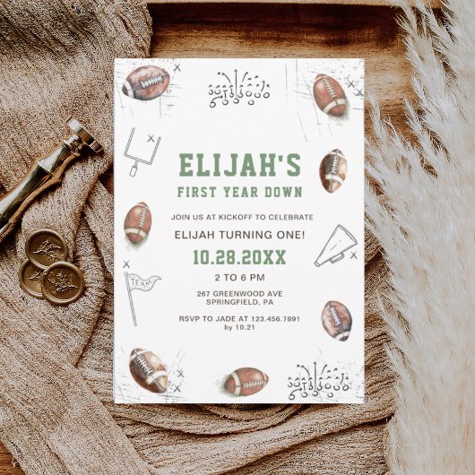 水彩フットボールファーストイヤーダウンバースデー 招待状