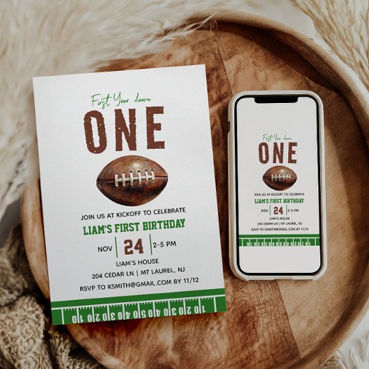 水彩フットボールファーストイヤーダウン 1歳誕生日 招待状