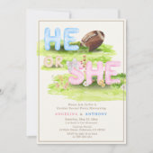 水彩フットボールボウ　ヒ　または　彼女　性別発表 招待状 (正面)