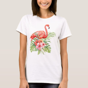 水彩フラミンゴとハイビスカス Tシャツ