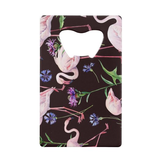 水彩フラミンゴとワイルドフラワーパターン。 クレジットカード栓抜き (正面)